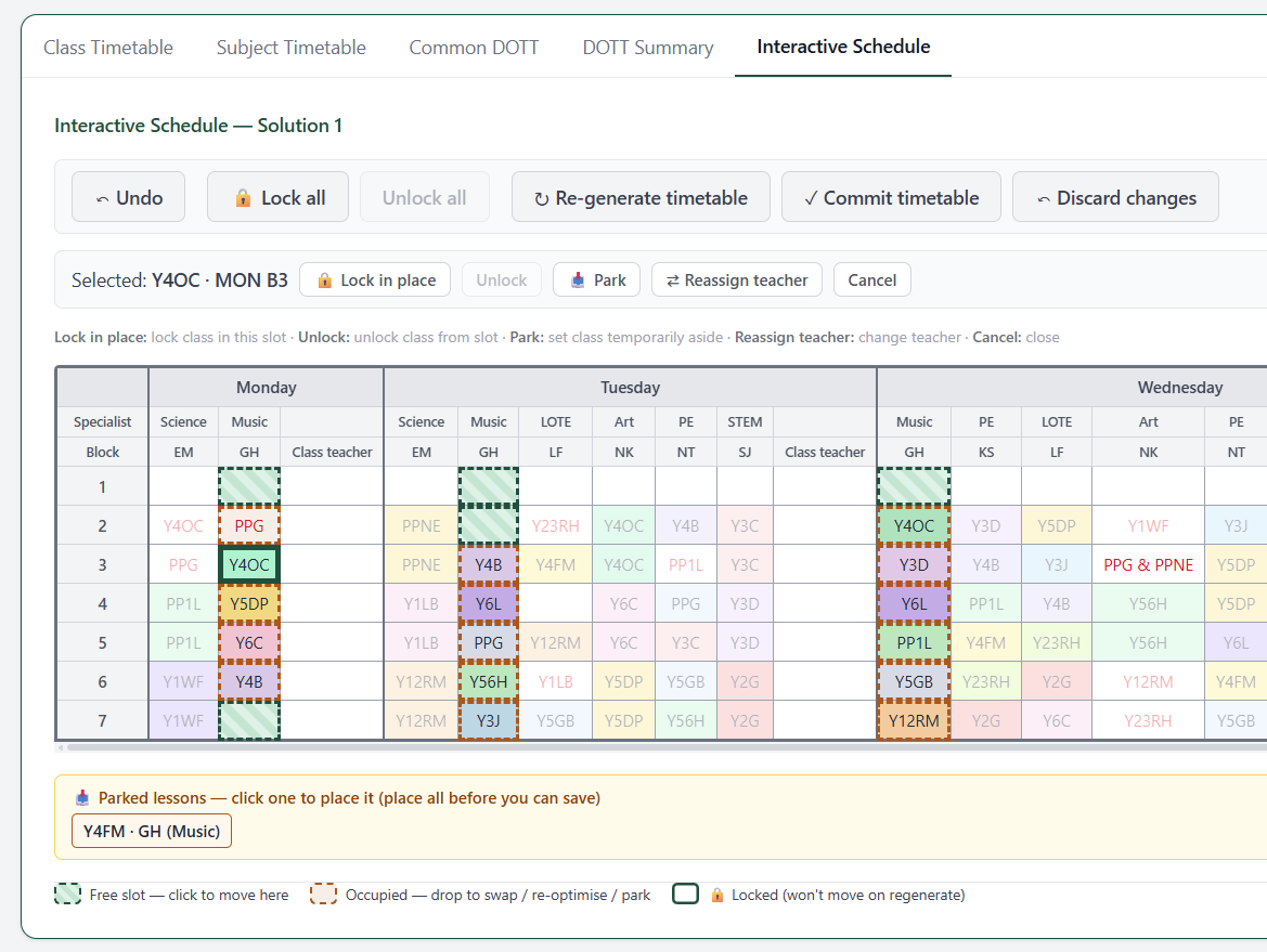 The interactive schedule editor with a lesson selected — lock in place, park, swap or reassign, then re-optimise around it